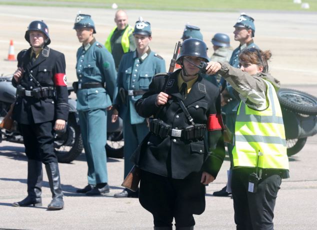 SHOREHAM AIRPORT FILMING HOARDS OF DRESSED UP NAZIS FILMING 'WOMAN IN GOLD' STARING RYAN REYNOLDS AND HELEN MIRREN (NOT THERE TODAY) SOME LOCALS NOT HAPPY WITH THE FLAGS FLYING OVER A WAR MEMORIAL WITH THE D-DAY PROCEEDING TOMORROW